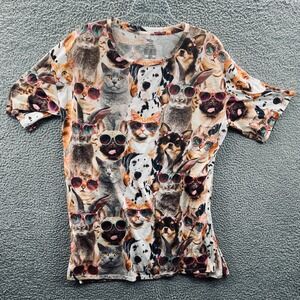 Women Kawaii Novelty Sleep Shirt L/XL Cats Dogs Sunglasses Print Cozy Loungewear